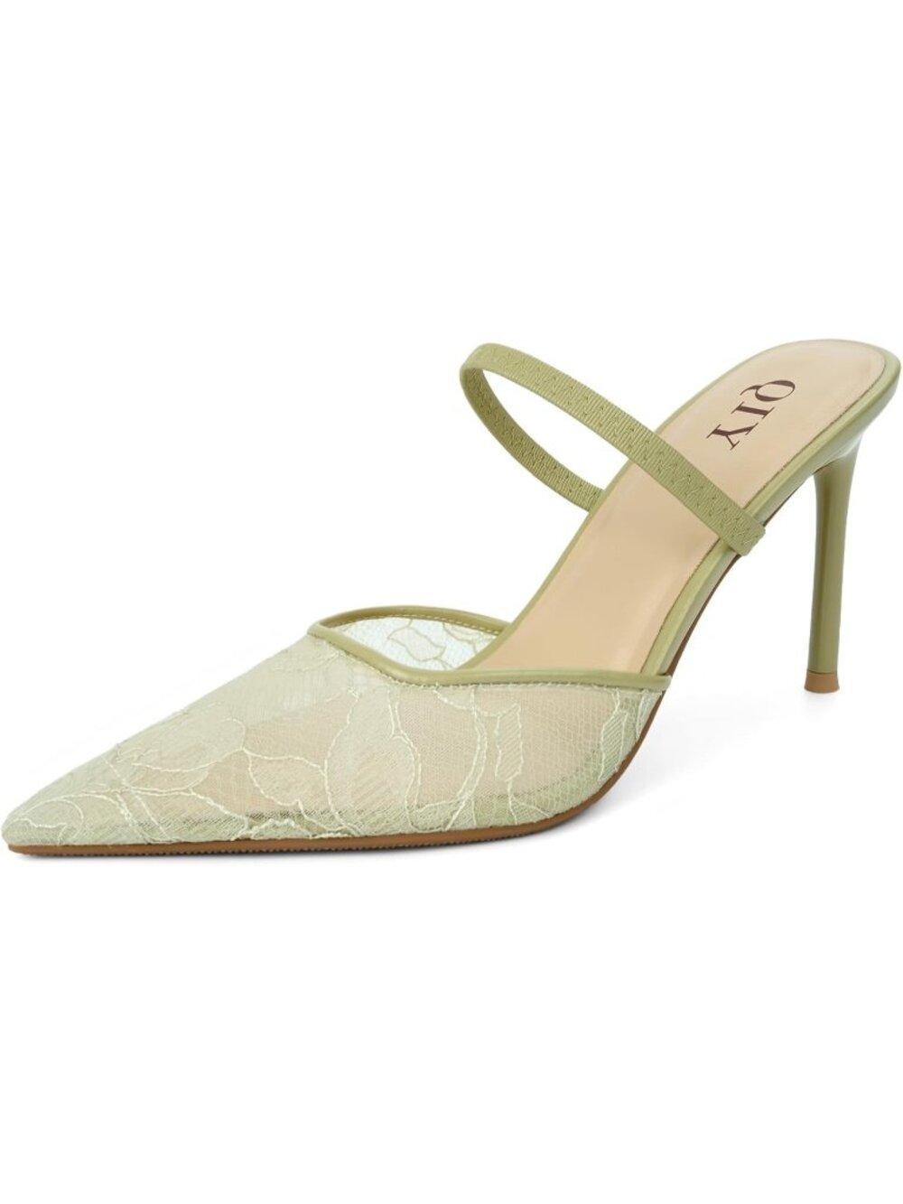 Women's Green Lace Pointed Toe Slingback Stiletto Pumps Slip On Heel Mule Shoes